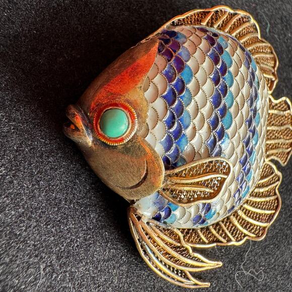 Vtg Solid Gilded Silver & Cloisonne Angel Fish Brooch/Pendant Lapis Eye 1950's - Picture 8 of 9